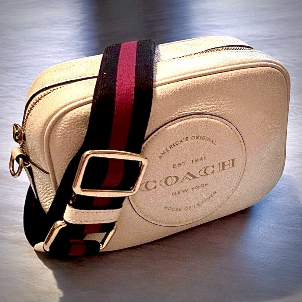 Coach Cream Crossbody Bag with Black and Burgundy Stripe Strap - Picture 6 of 16